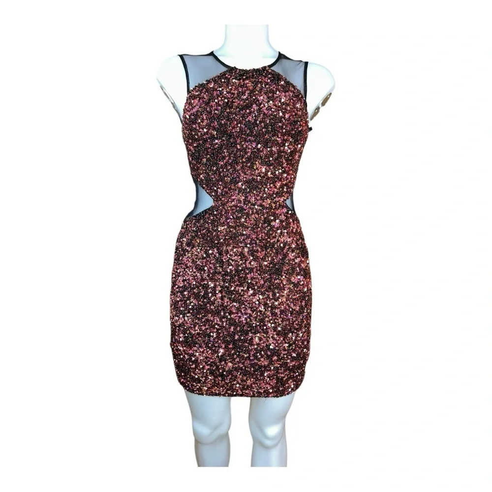 Parker Women’s Burgundy and Black Stretchy Sequin Mini Dress Size 2 new no tags - Picture 3 of 15